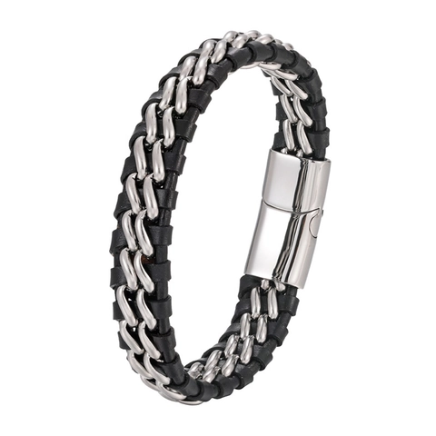 Geflochtenes Echtleder Armband Herren Edelstahl Kette Magnetverschluss Retro Punk Minimalistisch Geometrischer Armreif