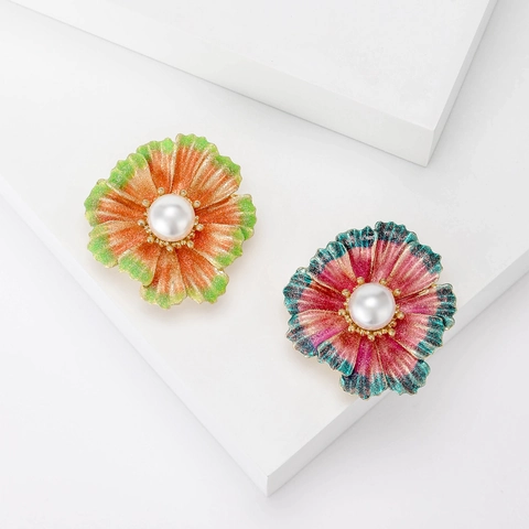 Elegante Broche De Flor Esmalte Degradado Perla Artificial De Imitación Brillo Aleación Joyería Floral Mujer Accesorio Moda