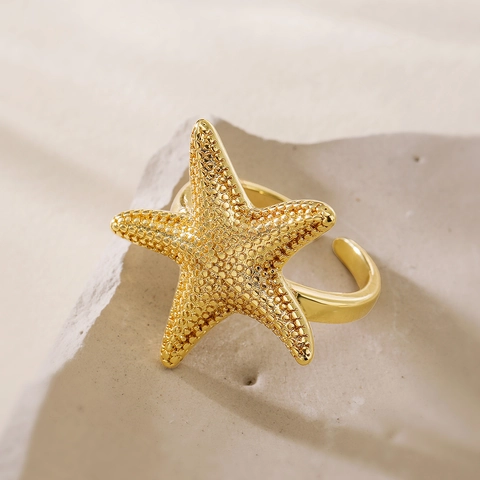 Anillo Aperto Stella Marina Rame Placcato Oro 18K Regolabile Testurizzato Gioielli Minimalisti Per Donne