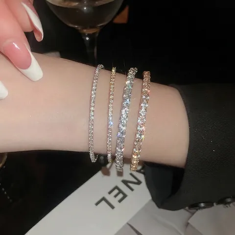 Simple Round Inlaid Zircon Open Bangle For Women Luxury Copper Tennis Bracelet Elegant Shiny Fashion Hand Jewelry Gift