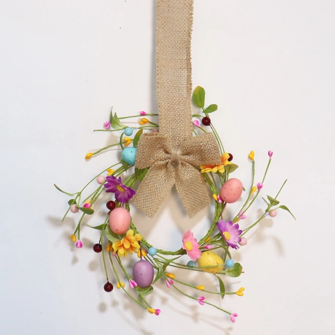 Ghirlanda Di Pasqua Con Uova Colorate Bacche Margherita Fiocco Di Iuta Decorazione Primaverile Parete Pendente