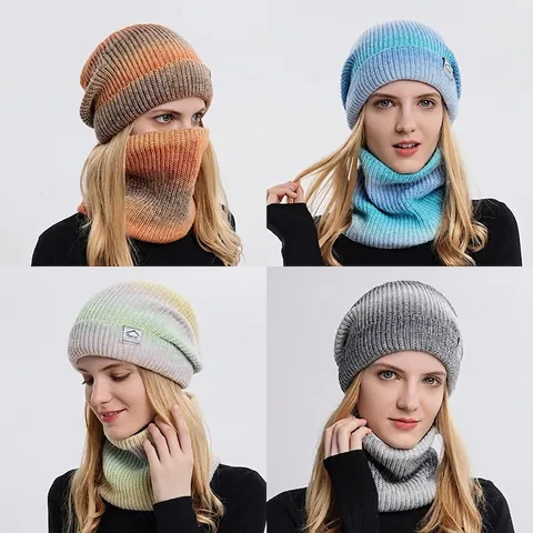 Berretto In Maglia E Sciarpa Sfumata Ombre Foderata In Pile Spesso Termico Inverno All'Aperto Accessori Da Donna