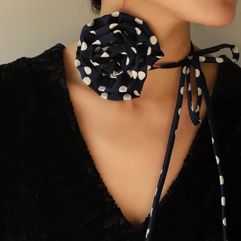 Große Rosenblüten Choker Halskette Chiffon Gepunktet Lange Bandschleife Stoff Nackenband Retro Elegant Für Damen