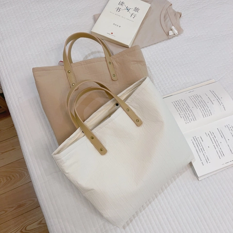 Striped Cotton Fabric Tote Bag With Leather Handles And Metal Rivets Large Capacity Minimalist Casual Handbag For Women