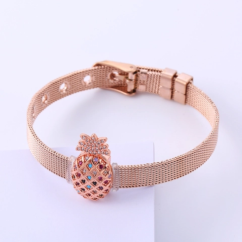Pulsera De Malla Estilo Reloj Con Colgante De Piña Acero Inoxidable 304 Strass Incrustado Hebilla Ajustable Joyería Para Mujer