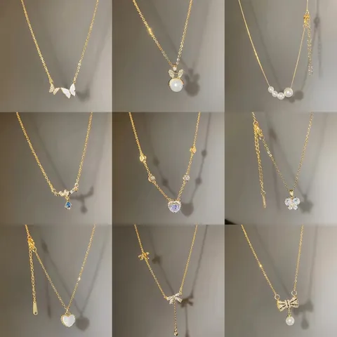 Titanium Steel Clavicle Necklace With Shell Artificial Pearl And Zircon Pendant Elegant Korean Style Jewelry For Women