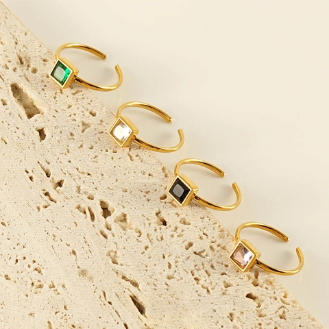 Adjustable Open Ring Stainless Steel 18K Gold Plated Zircon Heart Flower Square Design Fashion Jewelry For Women