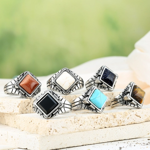 Vintage Square Gemstone Signet Ring Men Retro Stainless Steel Ethnic Punk Biker Jewelry With Stone Inlay