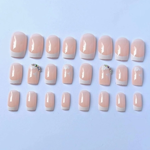 French Tip Press On Nails Nude Pink Fake Nails With 3D Leaf Relief And Rhinestones Square Shape Manicure For Women