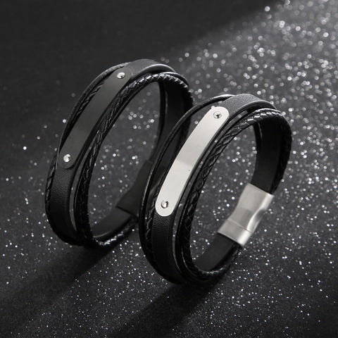 Men Multi-layer Cowhide Leather Bracelet Braided Cord Stainless Steel Magnetic Buckle Casual Punk Jewelry