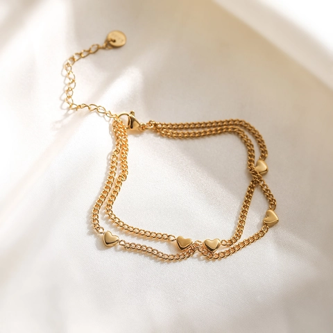 Double Layer Heart Pendant Bracelet 18K Gold Plated Stainless Steel Adjustable Chic Jewelry For Women
