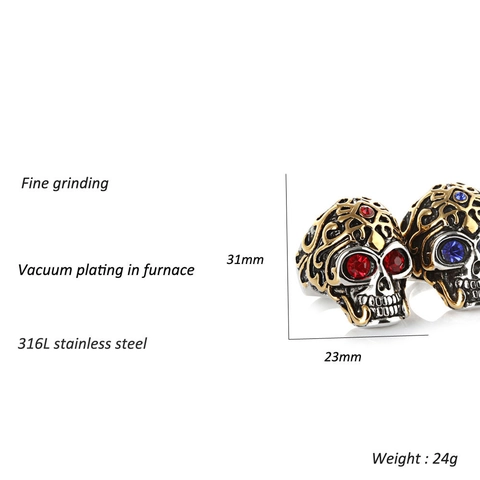Anello Teschio Gotico Acciaio Inossidabile 316L Con Occhi Zircone Rosso Blu Punk Rock Lucidato Gioielli Biker Per Uomini