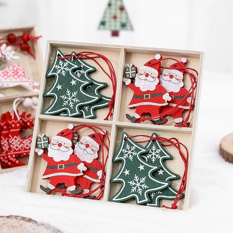 Wooden Christmas Hanging Ornaments Traditional Painted Snowflake Reindeer Tree Bell Shapes With Lanyards For Holiday Decor