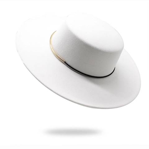 Sombrero Boater De Ala Ancha Copa Plana Elegante Algodón Poliéster Color Sólido Con Decoración De Metal Dorado Estilo Vintage