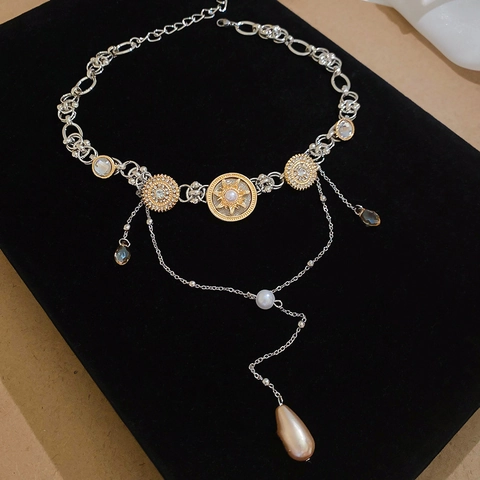 Collana A Y Stile Palazzo Vintage Lega Perla Artificial Strass Con Pendente Nappa Goccia D'acqua Cristallo Ambra Per Donna