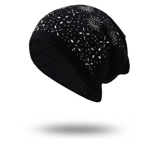 Rhinestone Knitted Beanie Hat Fleece Lined Winter Warm Slouchy Skull Cap For Outdoor Fashion Geometric Pattern Women Men