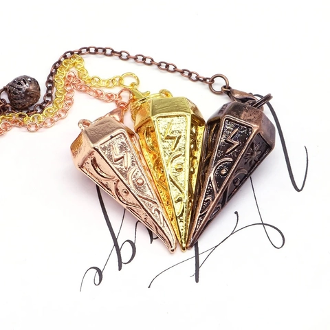 Hexagonal Cone Pendulum Necklace Engraved Metal Copper Pendant For Divination Radiesthesia Meditation Vintage Mystical Jewelry