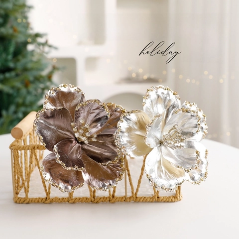 Artificial Christmas Flowers Metallic PVC Leather Glitter Edges Xmas Tree Ornaments Holiday Home Decor Elegant