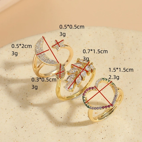 Anello Aperto Regolabile In Rame E Zircone Per Donna Stella Luna Cuore Forme Foglia Placcato Oro Gioielli Minimalisti Moda