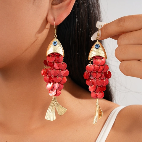 Pendientes Colgantes Forma Pez Aleación Tono Dorado Concha Lentejuelas Escama Largo Declaración Boho Para Mujeres