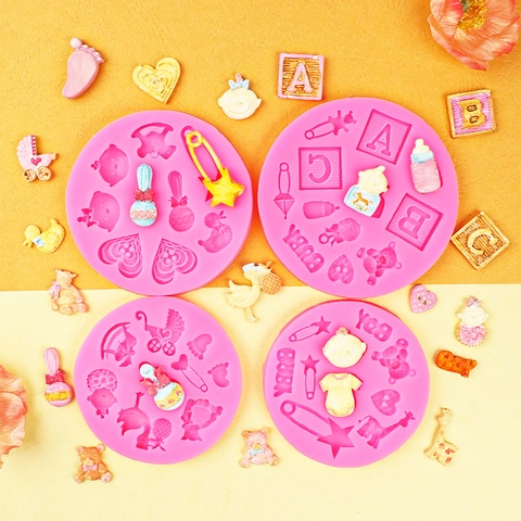 Stampo In Silicone Tema Neonato Impronte Vestiti Biberon Fondant Cioccolato Decorazione Torte Fai Da Te Rosa Grigio