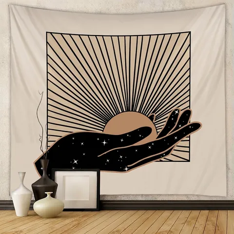 Arazzo Da Parete Bohemien Poliestere Mistico Sole Luna Stelle Mano Stampata Decorazione Della Stanza Estetica Per Camera