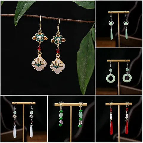 Neo Chinese Style Enamel Drip Oil Faux Jade Beads Tassel Drop Earrings Vintage Butterfly Flower Design Alloy Artificial Pearl Earrings Women Jewelry