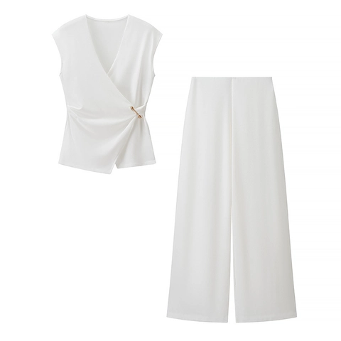 Women Sleeveless Wrap V-Neck Top And Wide Leg Pants Knit Casual Outfits Elegant Commuter Style Metal Buckle Decoration