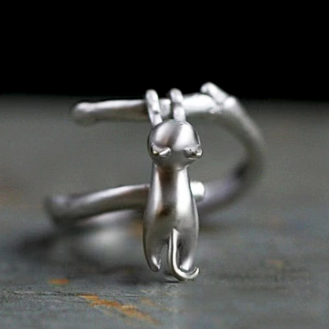 Cute Cat Climbing Branch Ring Adjustable Copper Platinum Plated Animal Novelty Fashion Jewelry Gift For Women