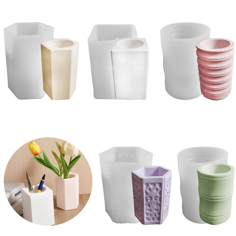 Silicone Molds For Pen Holder DIY Resin Plaster Casting Desktop Storage Box Flower Vase Geometric Relief Pattern Organizer