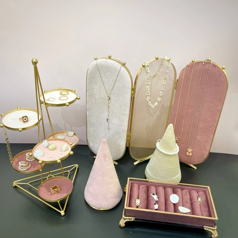 Jewelry Display Stand Metal Velvet Gold Plated Folding Screen Tiered Tray Necklace Earring Ring Bracelet Organizer Rack