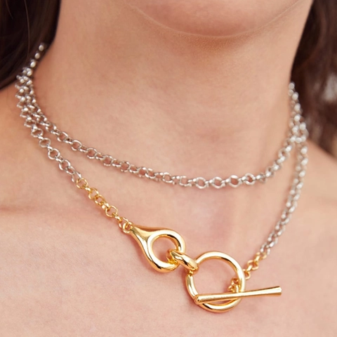 Collana A Catena A Doppio Strato Lega Oro Argento Patchwork Chiusura OT Minimalista Gioielli Da Donna