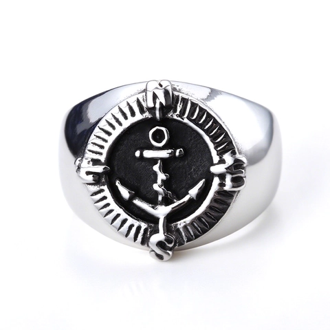Anello Sigillo Ancora Bussola Acciaio Inossidabile Nautico Vintage Punk Gioielli Da Uomo Lucidato