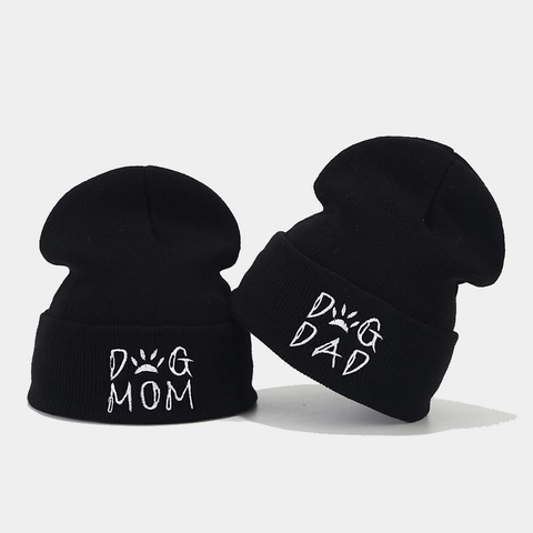 Knitted Beanie Hat Acrylic Winter Warm Outdoor Sport Dog Mom Dad Embroidery Paw Print Pattern For Men And Women