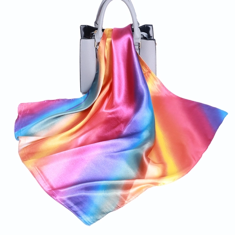 Satin Square Scarf Rainbow Gradient Satin Like Headscarf For Performance Dance Bag Accessory Elegant Colorful Neck Wrap