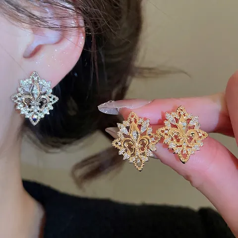 Vintage Fleur-de-lis Ohrstecker Gold Vergoldet Kupfer Mit 925 Sterling Silber Stecker Zirkon Raute Französischer Stil