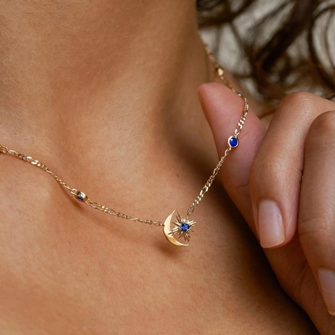 Stern Mond Sternenregen Anhänger Halskette Kupfer 14K Vergoldet Blauer Zirkon Vintage Bohemian Schmuck Für Damen