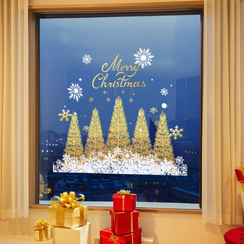 Christmas Tree Window Stickers Static Cling Gold Snowflake Glass Decals Merry Christmas Festive Home Shop Window Decoration
