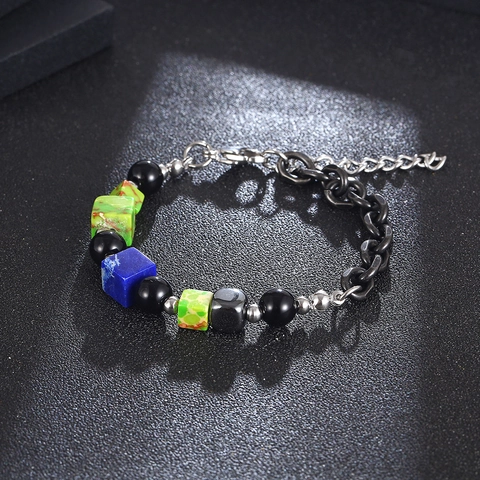 Vintage 3D Cube Stone Bead Bracelet Titanium Steel Matte Black Chain Hip Hop Punk Jewelry For Men Women