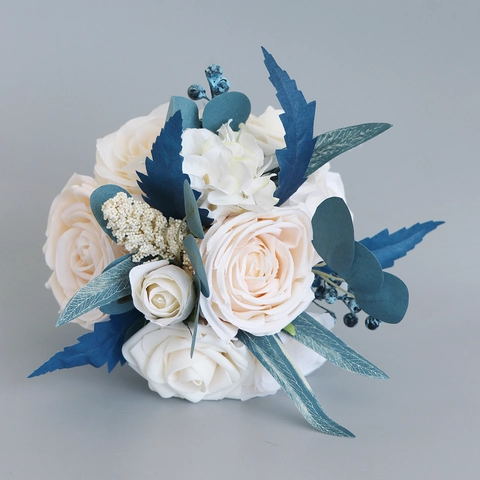 Artificial Rose Wedding Bouquet Forest Style Cream White Navy Blue Berries Flowers Satin Ribbon Bridesmaids Photo Props