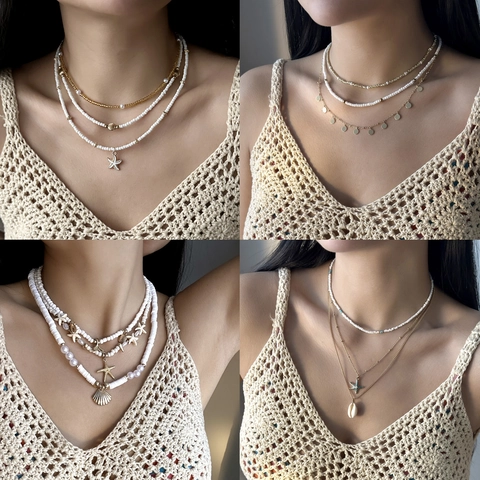 Multi Layer Necklace Bohemian Summer Beach Jewelry For Women Alloy Seed Beads Faux Artificial Pearl Shell Seastar Pendants