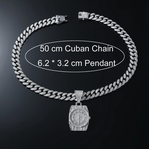 Men Hip Hop Iced Out Watch Pendant Necklace Alloy Rhinestone Cuban Link Chain Personalized Punk Jewelry Streetwear Accessory Gift