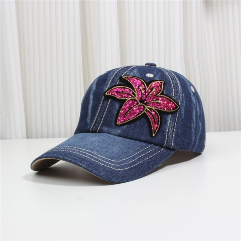Women Denim Baseball Cap Sequin Butterfly Flower Crown Rhinestone Distressed Cotton Washed Adjustable Fashion Sun Hat