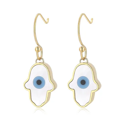 Boucles D'oreilles À Crochet Main De Hamsa Mauvais Œil Acier Inoxydable Incrustation Coquille Amulette Pour Femmes