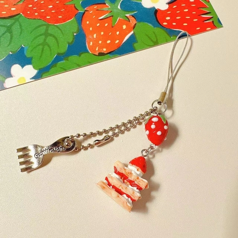 Ciondolo Per Telefono Torta Alle Fragole In Resina Con Forchetta In Metallo Accessorio Per Borsa Con Perline Kawaii