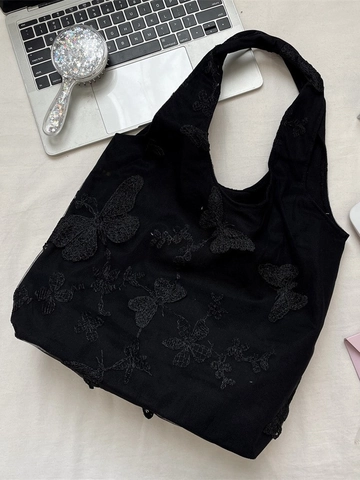 Women 3D Butterfly Lace Embroidery Shoulder Bag Black Polyester Mesh Retro Casual Large Capacity Tote Handbag