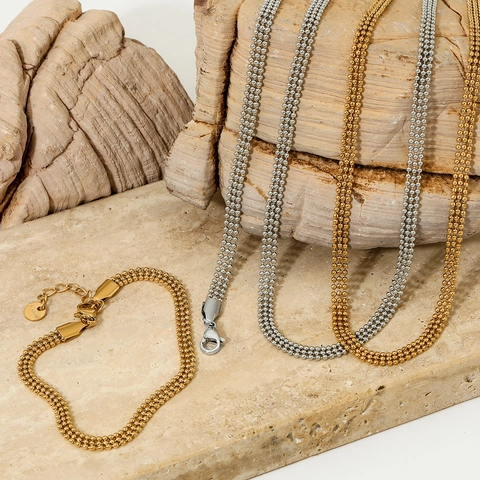 Conjunto De Collar Y Pulsera De Cadena De Cuentas Redondas Multicapa Minimalista Para Mujer Acero Inoxidable Geométrico Impermeable