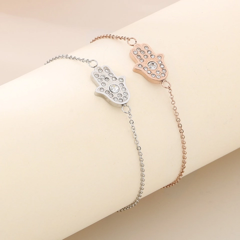 Stainless Steel Hamsa Hand And Hexagram Star Bracelet Rhinestone Dainty Korean Style Minimalist Jewelry For Women
