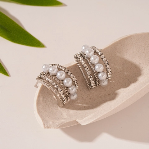 Orecchini A Lobo In Lega Con Strass Forma C Multistrato Con Perno In Argento Perla Artificiale Gioielli Eleganti Per Donna