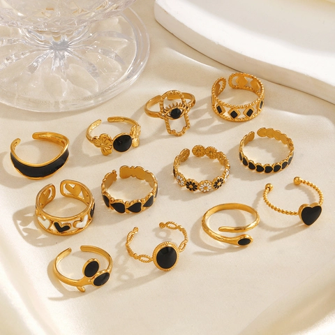 Adjustable Open Ring 18K Gold Plated Stainless Steel Enamel Heart Flower Evil Eye Vintage Boho Jewelry For Women